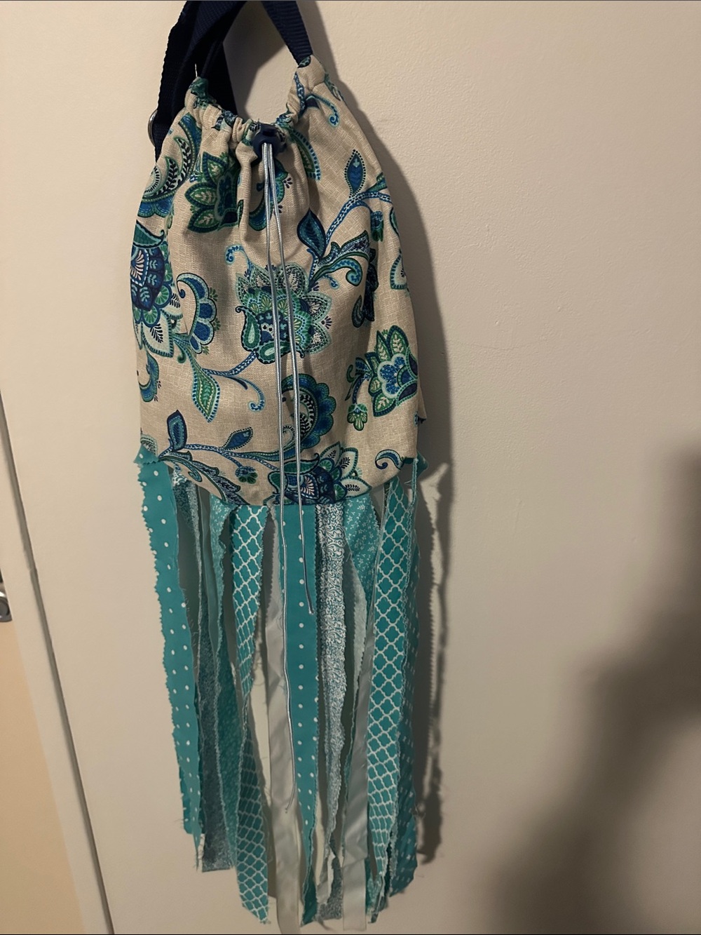 Floral Teal Drawstring Shoulder Bag with Ribbon Fringe